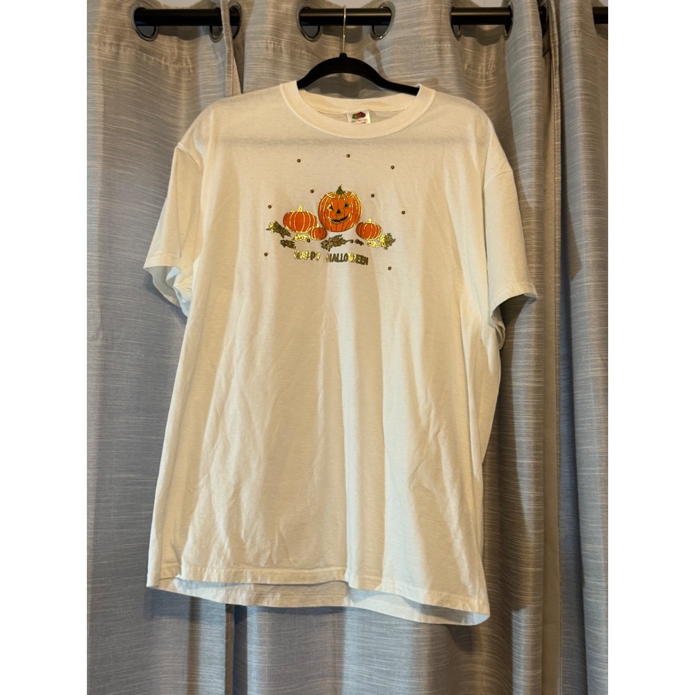 Vintage 1990s Happy Halloween White Hand Painted Graphic T Festive Pumpkin Patch